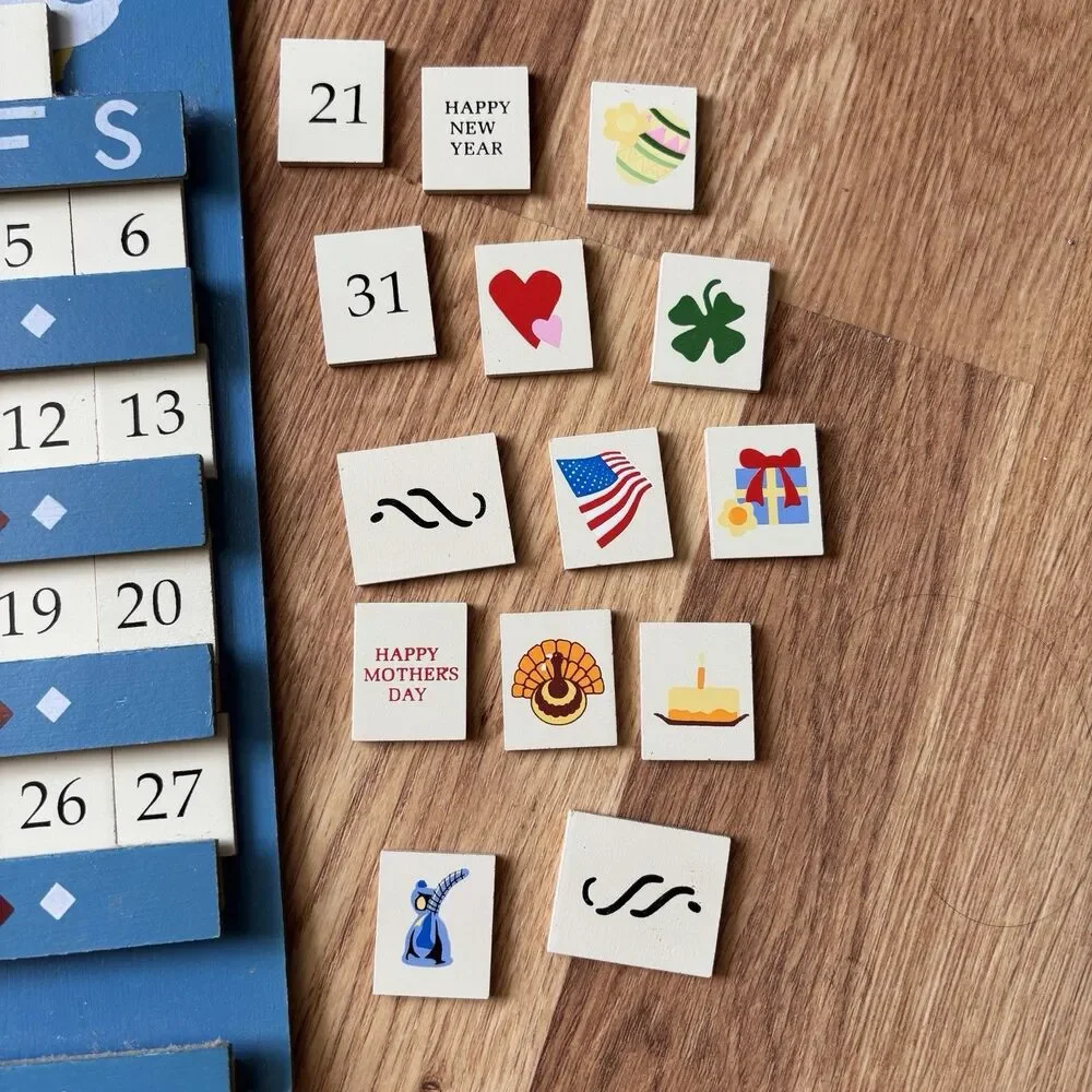 Vintage Wood Perpetual Calendar Blue Ribbon Goose Granny Cottagecore Holidays